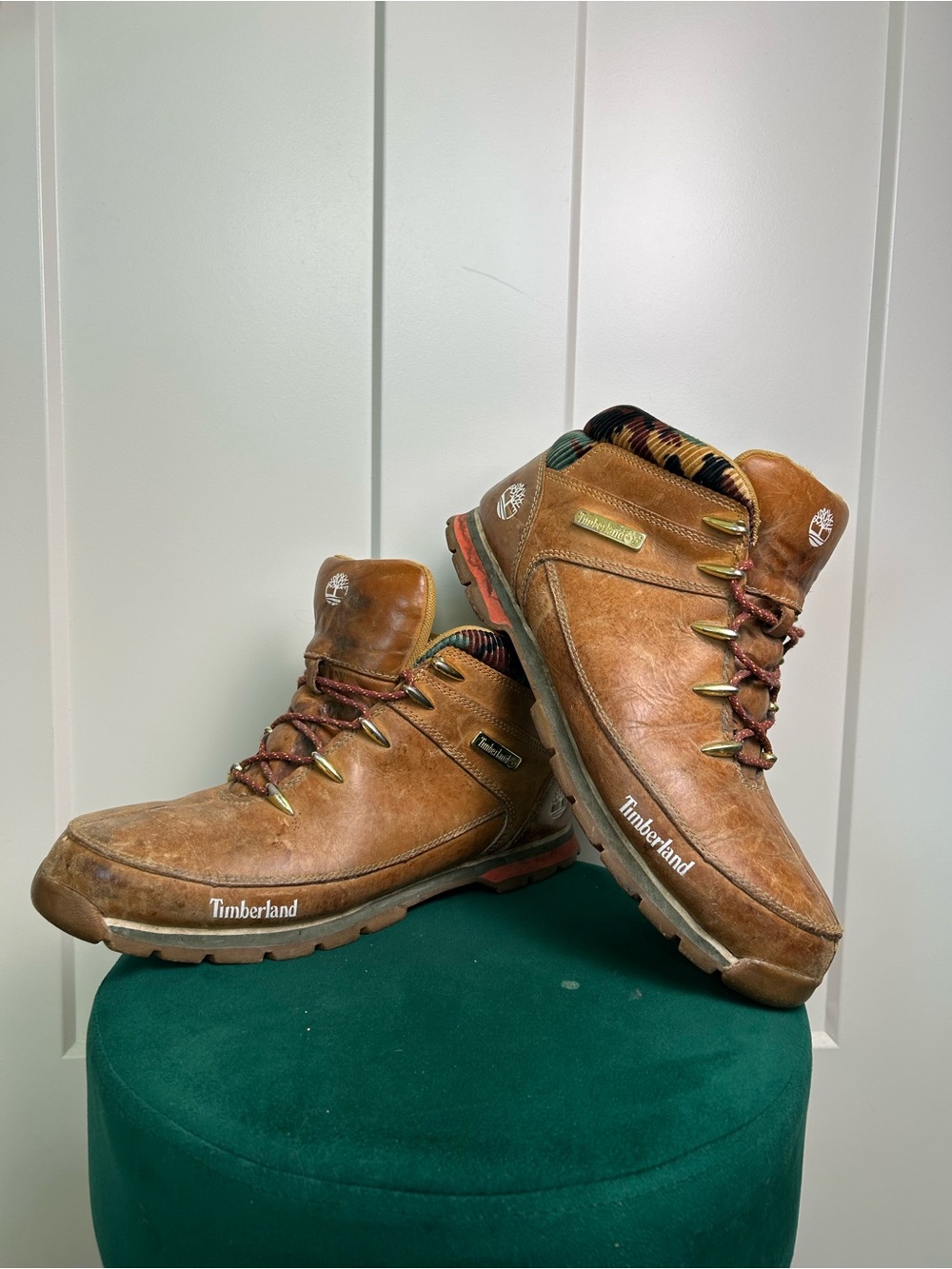 Vintage Timberland Men’s Brown Leather & Camo Collar Lace-Up Boots Size 12